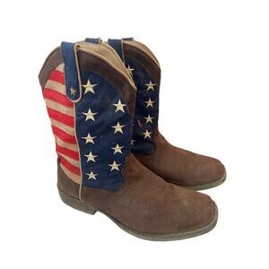 Roper MENS COWBOY BOOT FAUX BROWN LEATHER AMERICAN FLAG UPPER 9.5